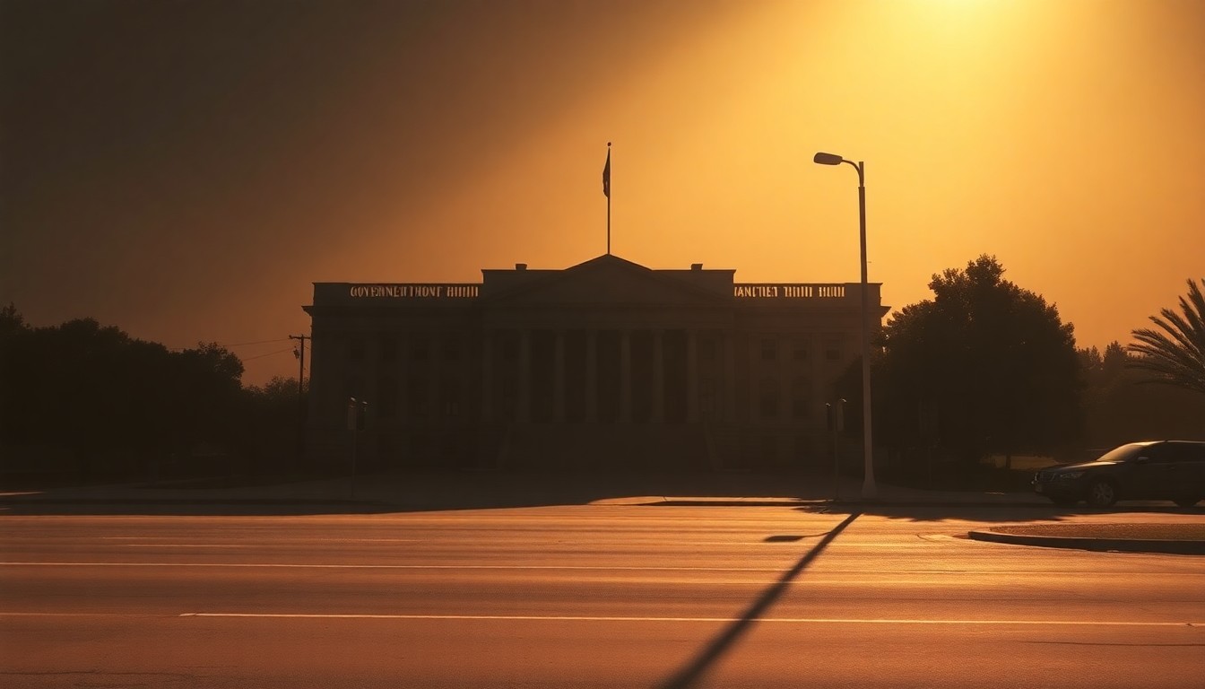 A photorealistic painting in the style of Edward Hopper, depicting a government building or public infrastructure shrouded in warm, dramatic lighting and deep shadows, conveying a sense of solitude and the erosion of democratic institutions.