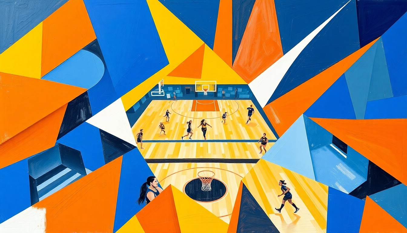 A cubist, geometric painting depicting the dynamic action of a women's basketball game, with sharp, overlapping planes of color representing the teams' uniforms and the intensity of the competition.