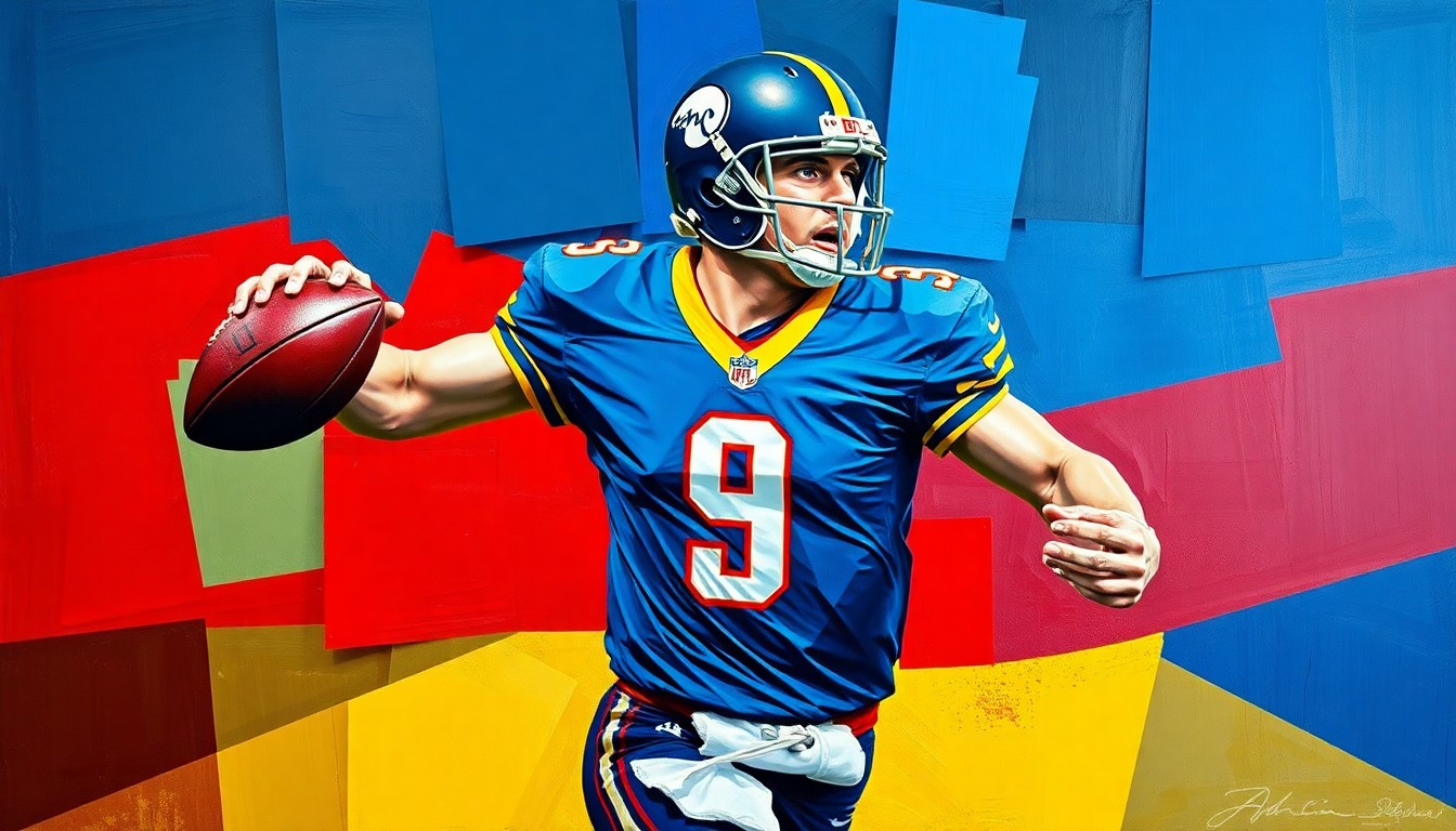 A cubist, geometric painting depicting a football quarterback in motion, with sharp, overlapping planes of color representing the dynamic, multifaceted nature of the position.