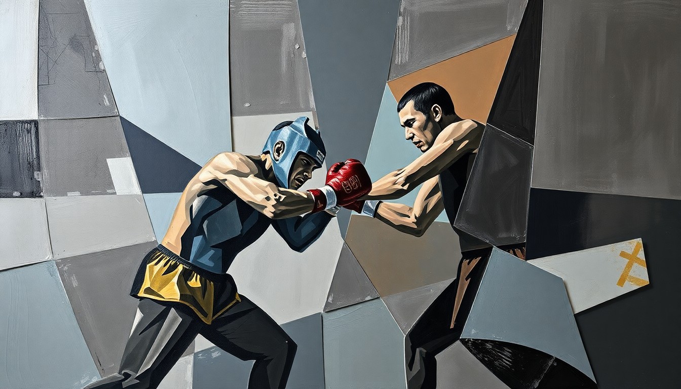 A fragmented, geometric painting depicting the chaotic action of a heavyweight boxing match, with sharp planes of muted colors overlapping to create a dynamic, abstract composition.