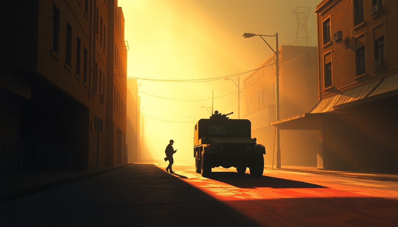A photorealistic painting depicting a lone military vehicle or personnel in an empty city street, with warm sunlight casting deep shadows across the scene, conveying a sense of tension and unease about the role of federal forces in local affairs.