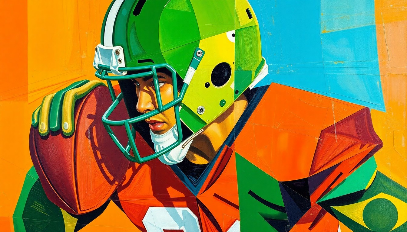 A fragmented, geometric painting depicting the silhouette of a football player in motion, with sharp planes of orange, green, and blue hues, conveying the dynamic nature of a top defensive back prospect's recruitment.