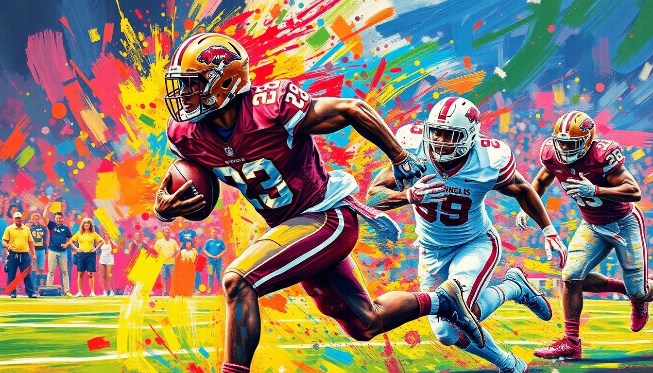 An abstract, expressionist painting in vibrant neon colors depicting the powerful, explosive energy of a football player scoring a touchdown, with the faces of the players dissolving into unrecognizable brushstrokes.