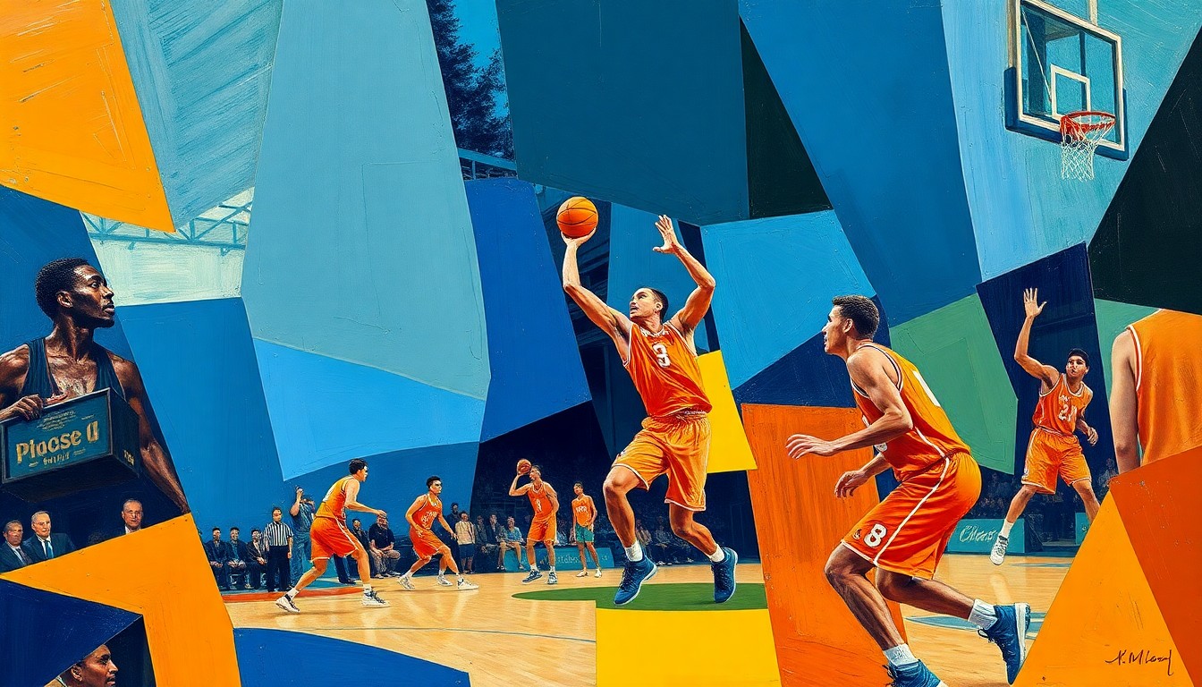 A cubist, geometric painting depicting an abstracted college basketball game, with the players' forms broken down into sharp, overlapping shapes in a palette of deep blues, bright oranges, and earthy greens.