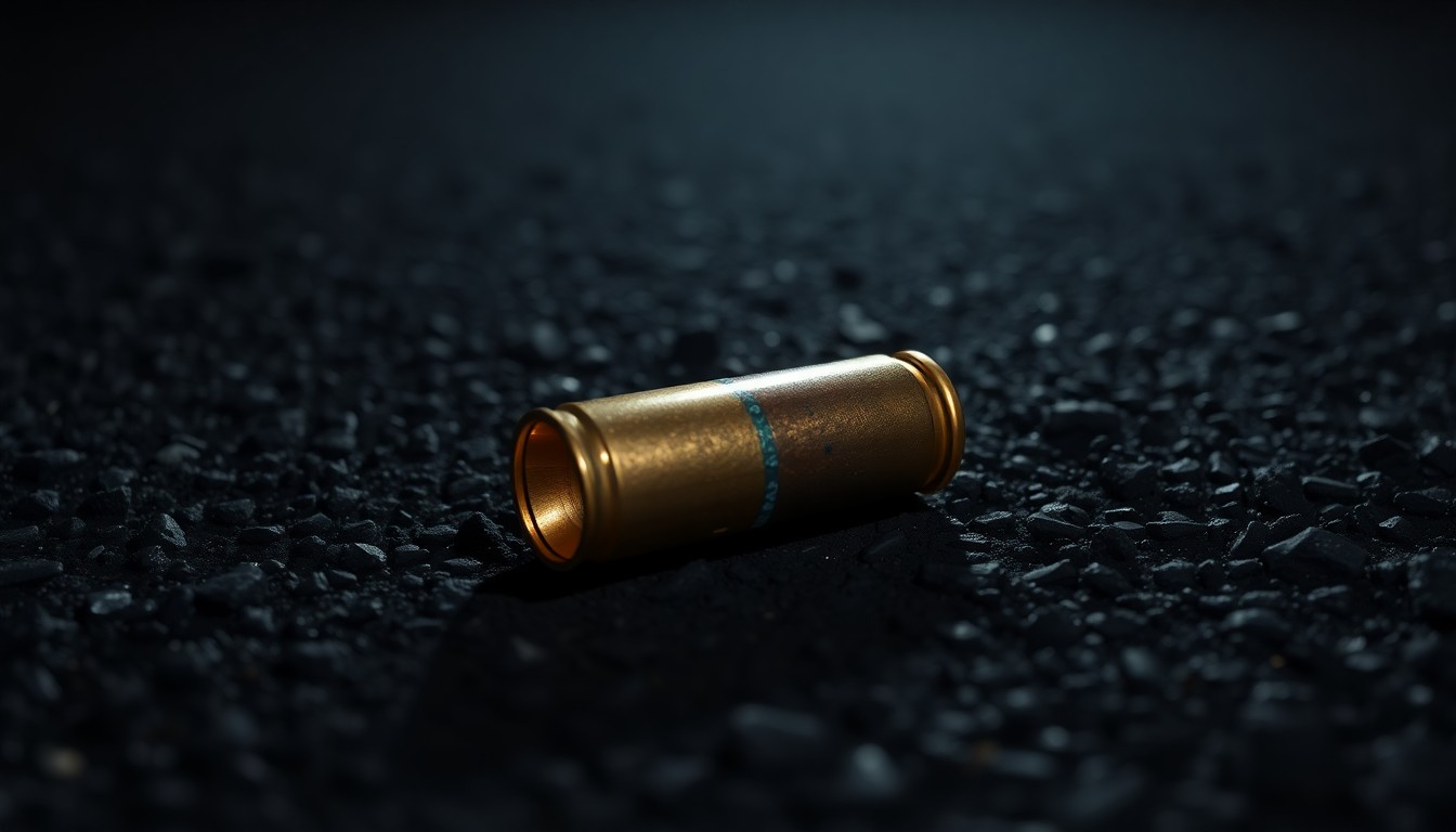 An extreme close-up of a spent bullet casing on a dark asphalt surface, lit by a harsh, direct camera flash, conceptually representing the gritty investigation into a fatal shooting incident.