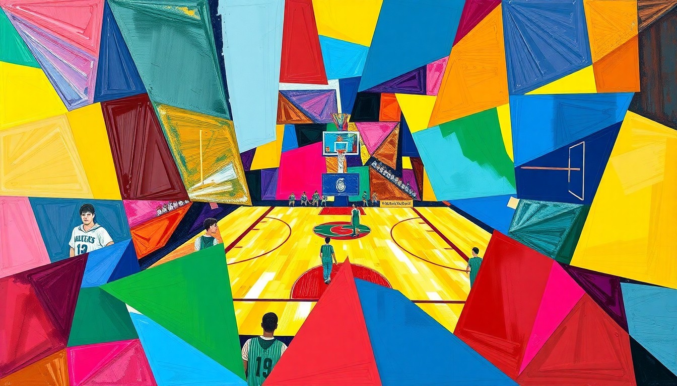 A fractured, cubist-style painting depicting the action and energy of a basketball game, with sharp geometric shapes in the team's colors overlapping to create a dynamic, multi-perspective visual.
