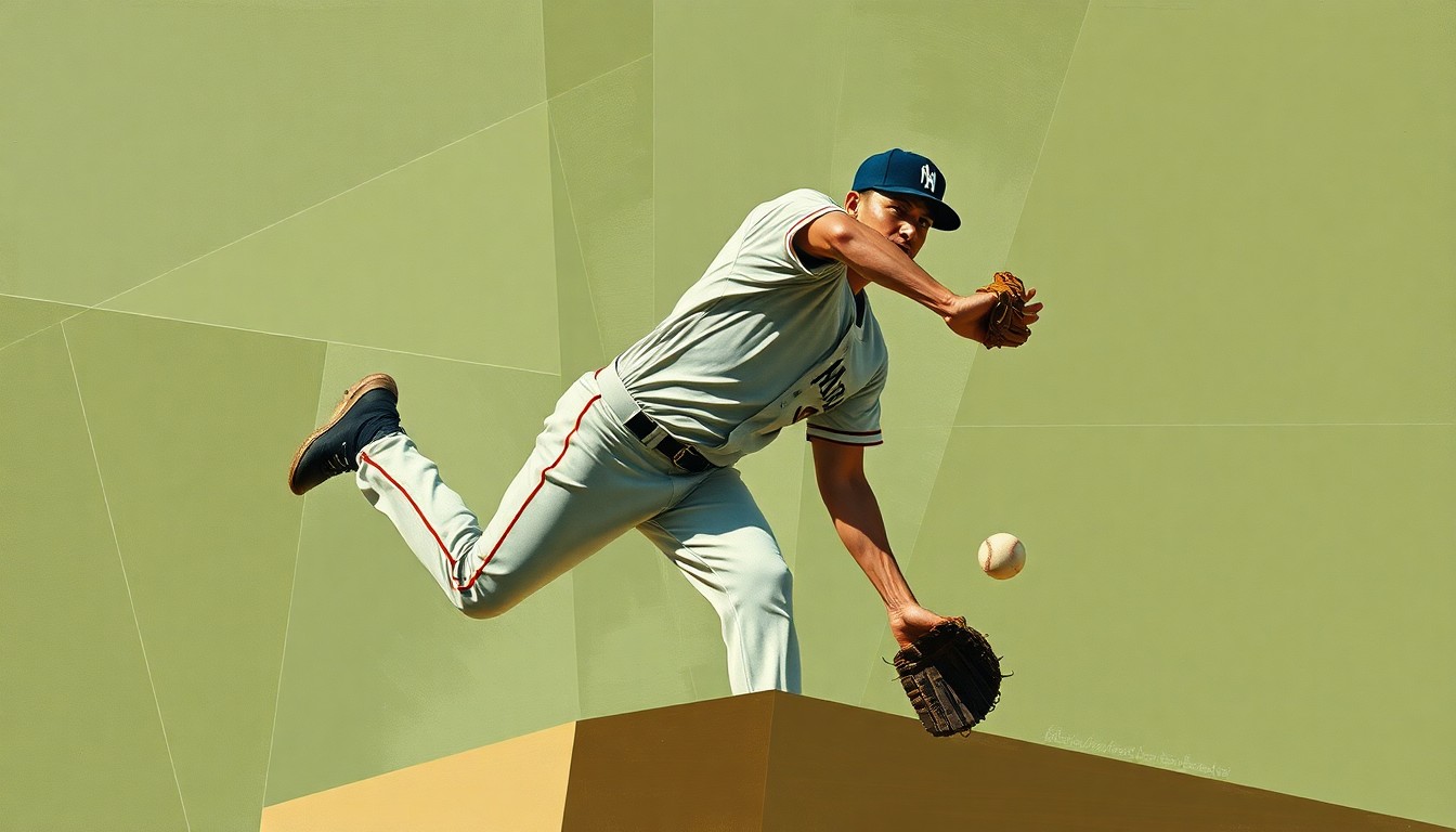A fragmented, geometric painting depicting a baseball pitcher's windup and delivery, with sharp planes of muted earth tones representing the multifaceted challenges Manaea faces in regaining his velocity and form.