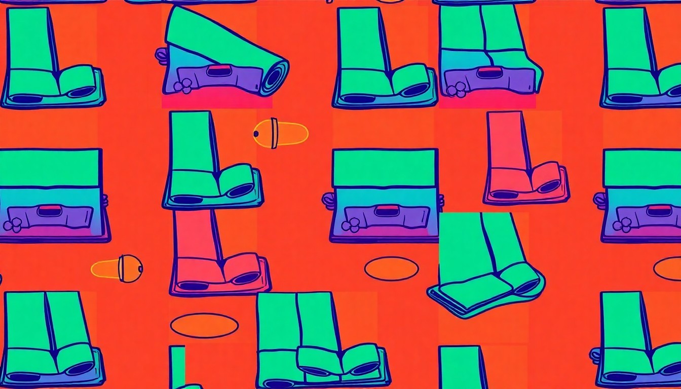 A high-contrast silkscreen print of a yoga mat repeated in a grid pattern, rendered in a bold, neon color palette with heavy black outlines, conceptually representing the wellness-focused workshops.