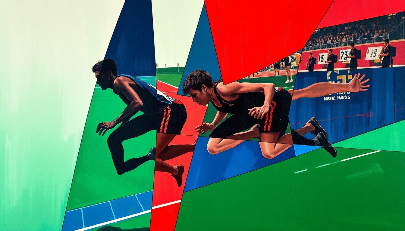 A fragmented, geometric painting depicting a high school track and field competition, with overlapping planes of navy, green, and red colors representing the dynamic movement and energy of the athletes.