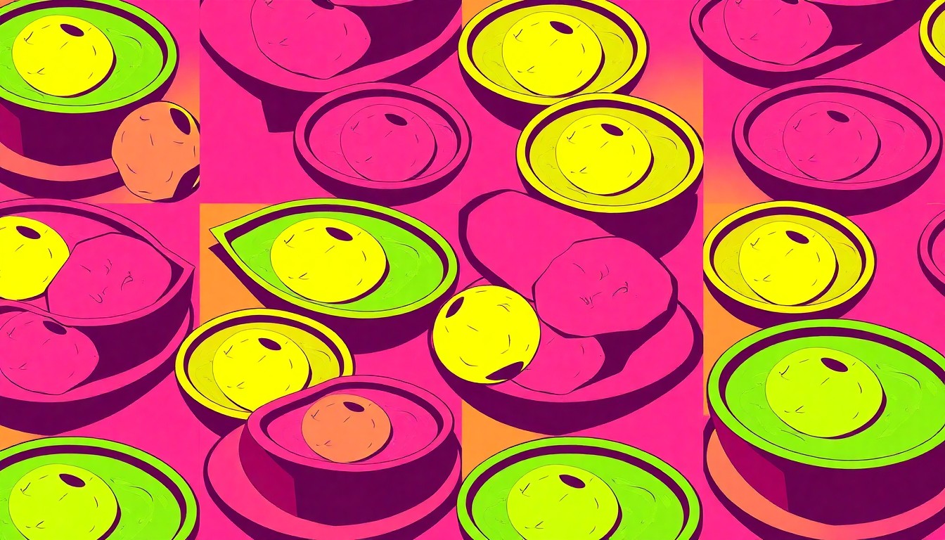 A vibrant, high-contrast silkscreen print of a traditional Passover dish like matzo ball soup, repeated in a grid pattern with bold, unnatural colors and heavy black outlines, conceptually representing the fusion of modern culinary innovation and ancient cultural traditions.