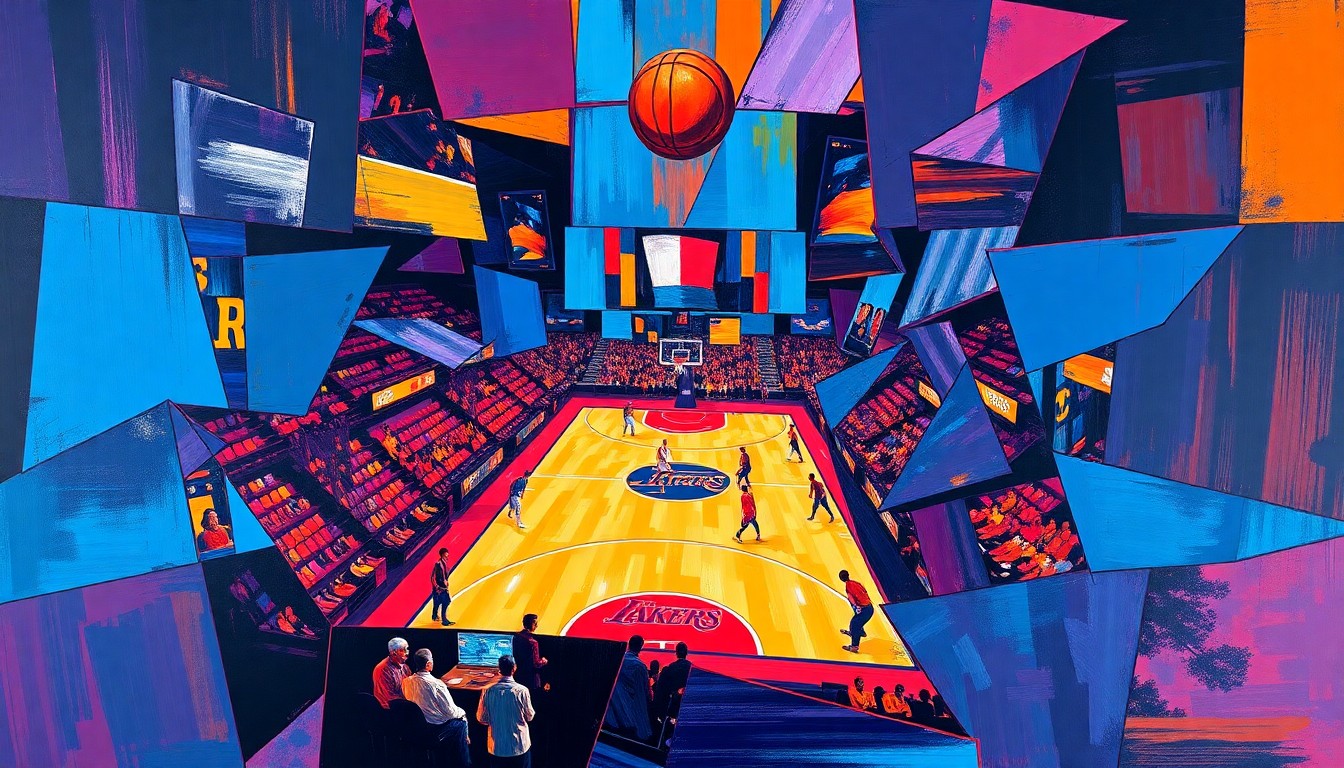A cubist, geometric painting depicting the action of a basketball game, with overlapping shapes and planes in vibrant colors representing the energy and movement of the players on the court.