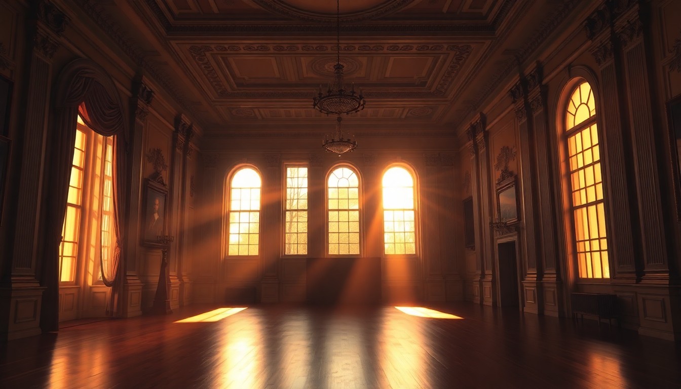 A dimly lit, cinematic interior of the White House ballroom, with warm diagonal sunlight streaming through tall windows and deep shadows in the corners, evoking a sense of political power and mystery.