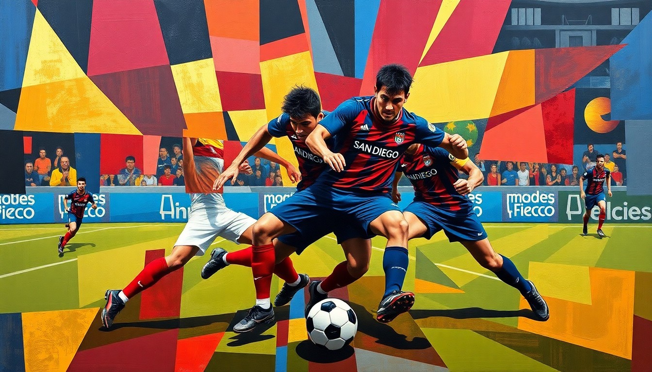 A cubist-style painting featuring fragmented, angular shapes in navy, crimson, and gold representing the players and ball during a soccer match, conveying the dynamic movement and multiple perspectives of the game.