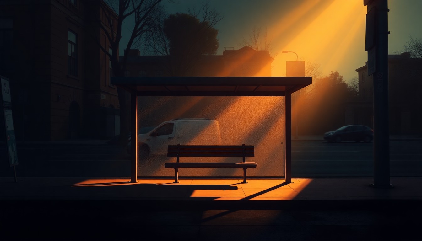A serene, cinematic painting of an empty city bus stop bench in warm sunlight and deep shadows, conveying a sense of melancholy and uncertainty around the future of transit in the region.