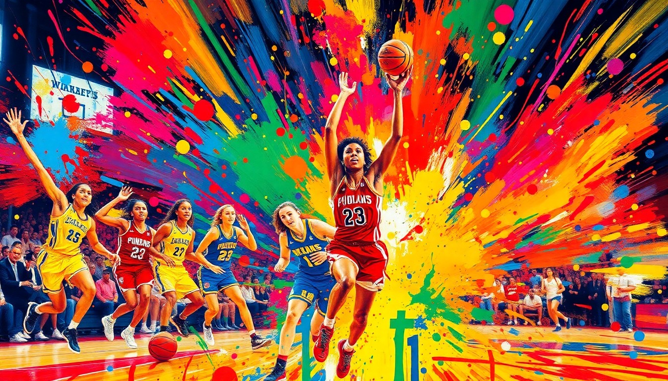 An abstract expressionist painting in vibrant neon colors, with rapid brushstrokes and fragmented figures representing the energy and excitement of a women's basketball tournament.
