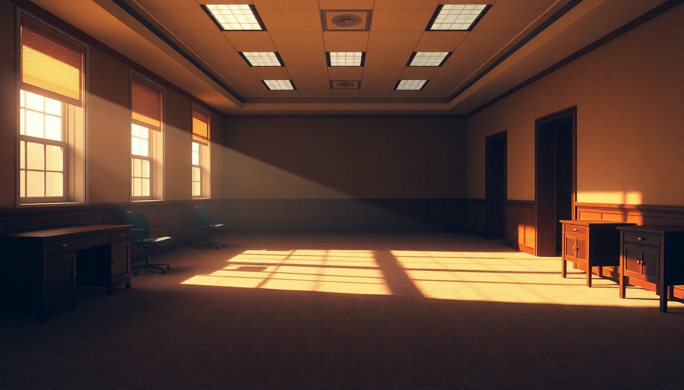 A dimly lit, cinematic government office space with a single desk and chair, the warm sunlight streaming in through the window casting deep shadows across the room, creating a sense of unease and uncertainty.