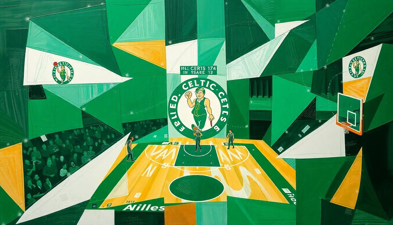A cubist, geometric painting depicting a Celtics basketball game broken down into overlapping planes of green, white, and gold, conveying the team's sustained success despite roster changes.