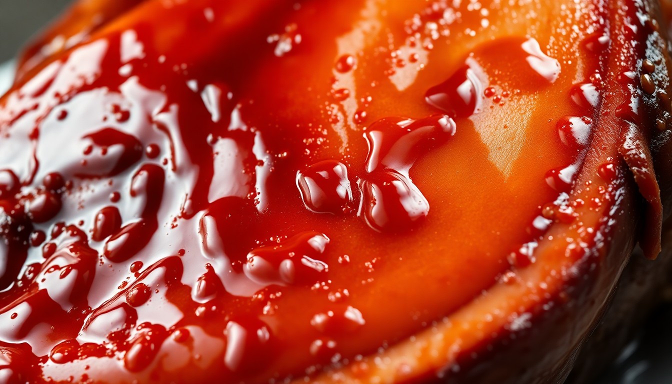 An extreme close-up photograph of a glistening, caramelized ham surface, with a shimmering, amber-colored glaze reflecting the dramatic studio lighting, capturing the luxurious, high-fashion aesthetic of Irving Penn's work.