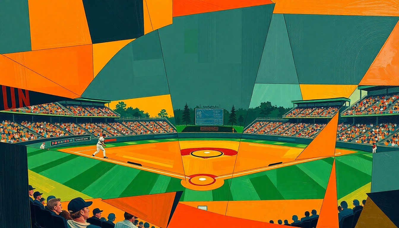 A fragmented, geometric painting in bold colors depicting the action and movement of a high school baseball game, conveying the competitive spirit of the sport.