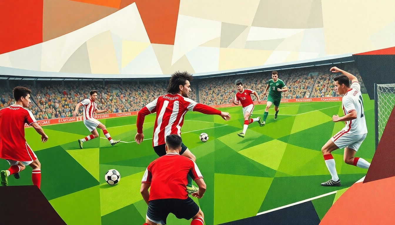 A cubist, geometric painting depicting the action of a soccer match, with the players and field fragmented into overlapping planes of color representing the Everett Rovers in red and white and the Bricket Wood Acorns in green and white.