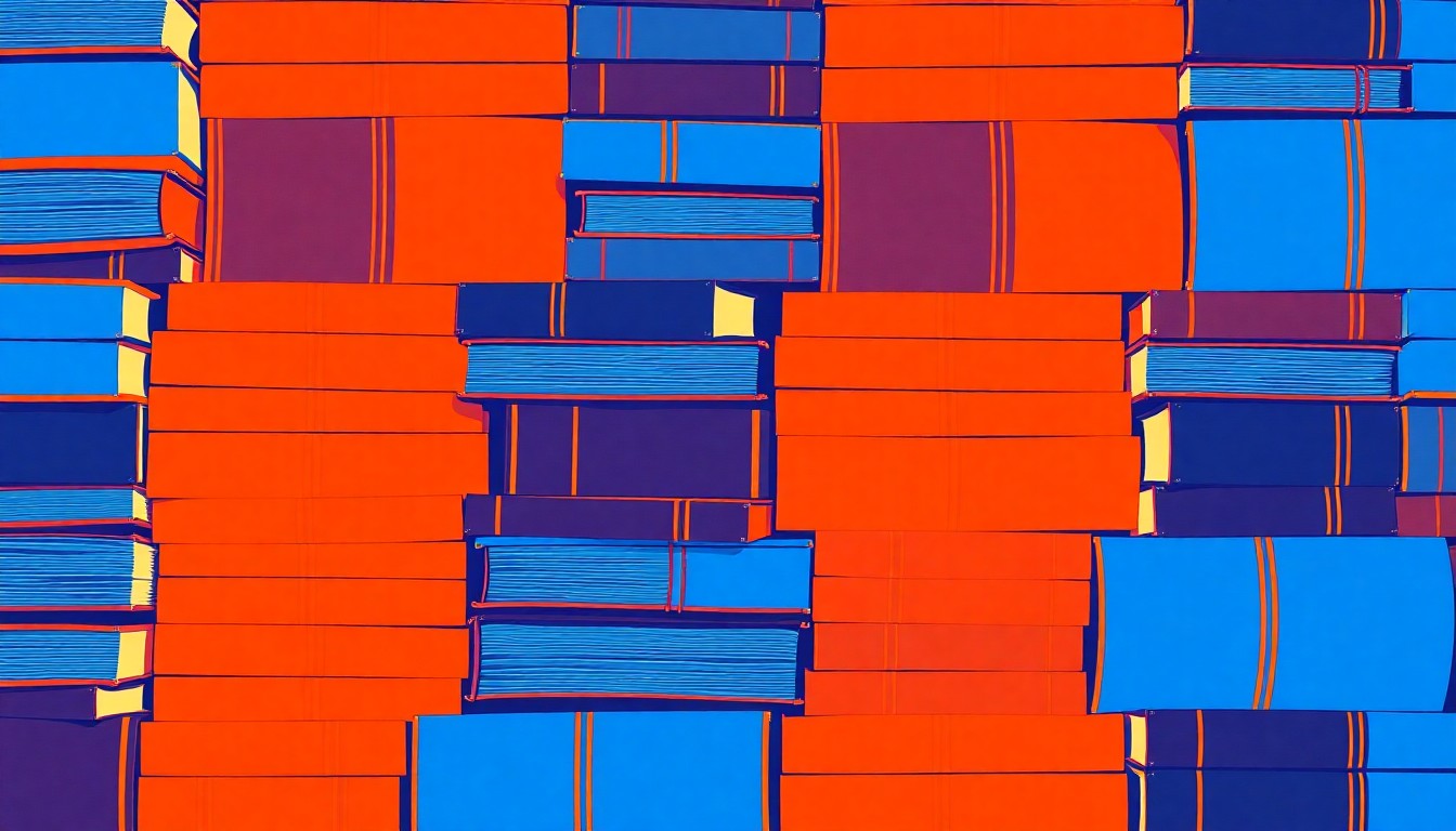 A bold, abstract silkscreen illustration featuring a repeating grid of colorful textbook shapes in shades of blue, orange, and teal, conceptually representing the district's focus on improving educational resources and opportunities.