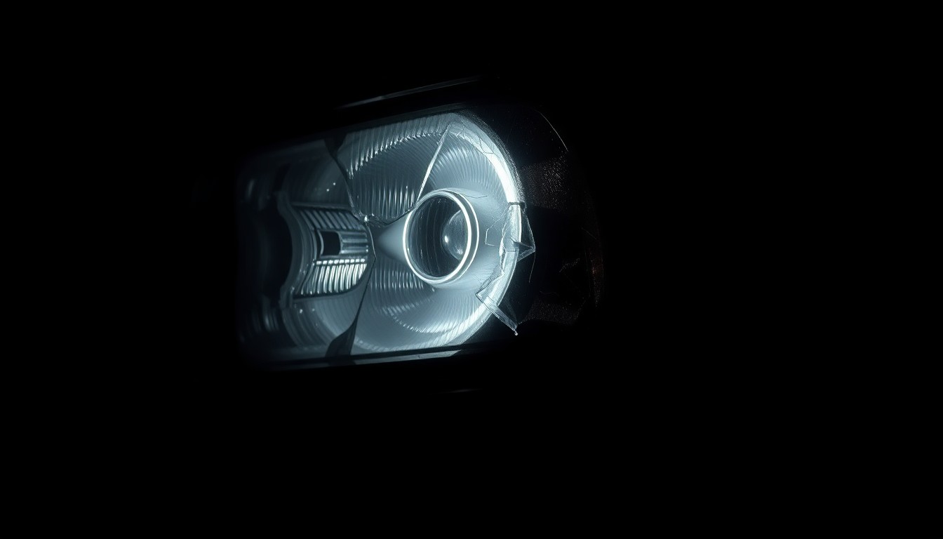 An extreme close-up photograph of a damaged car part, such as a shattered headlight or crumpled fender, lit by a harsh, direct camera flash against a pitch-black background, conceptually illustrating the aftermath of a serious car accident.