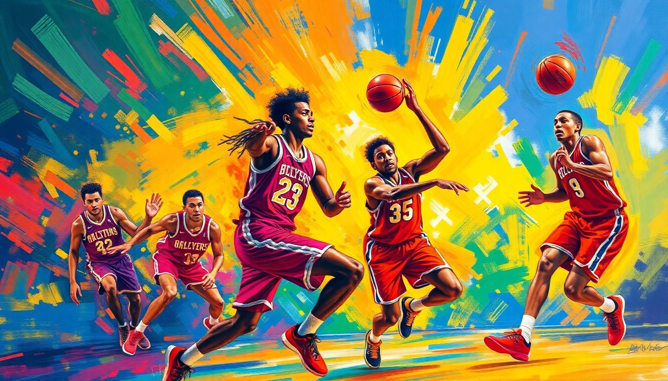 An abstract, expressionistic painting in neon colors depicting the dynamic movements and energy of basketball players in action.