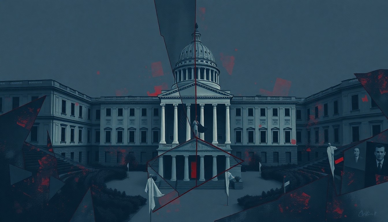 A highly abstract, fragmented painting featuring overlapping geometric shapes and waves of muted blue, gray, and red tones, conceptually representing the political turmoil and dysfunction surrounding the government shutdown.