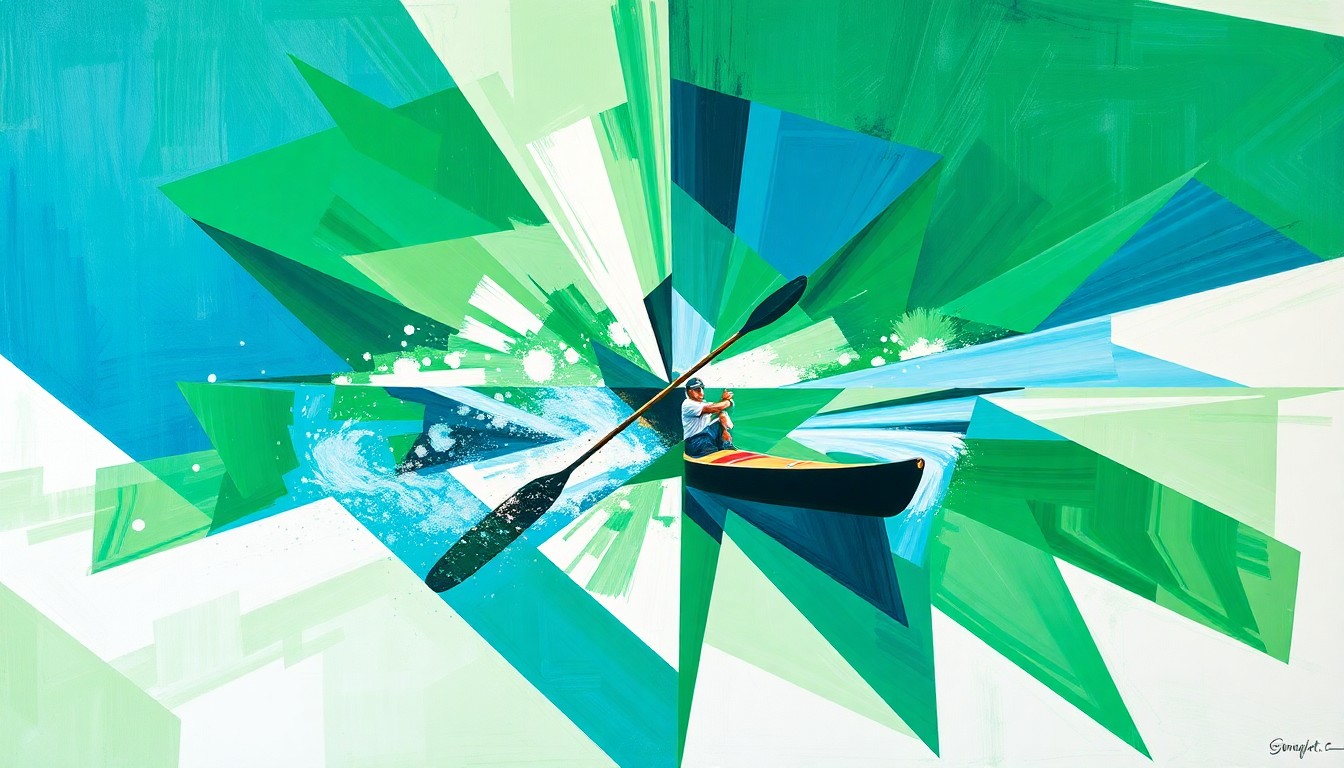 A fragmented, geometric painting depicting the rapid movements and sharp turns of a canoe slalom race, with the course and competitors broken down into overlapping planes of color.