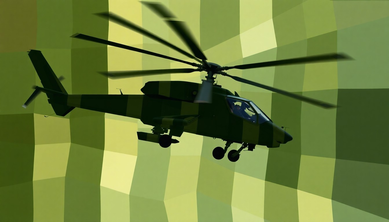 A fractured, abstract painting of an Apache helicopter in flight, its blades and fuselage repeated in overlapping geometric shapes and waves of dark green, olive, and khaki colors, conveying a sense of motion and controversy.