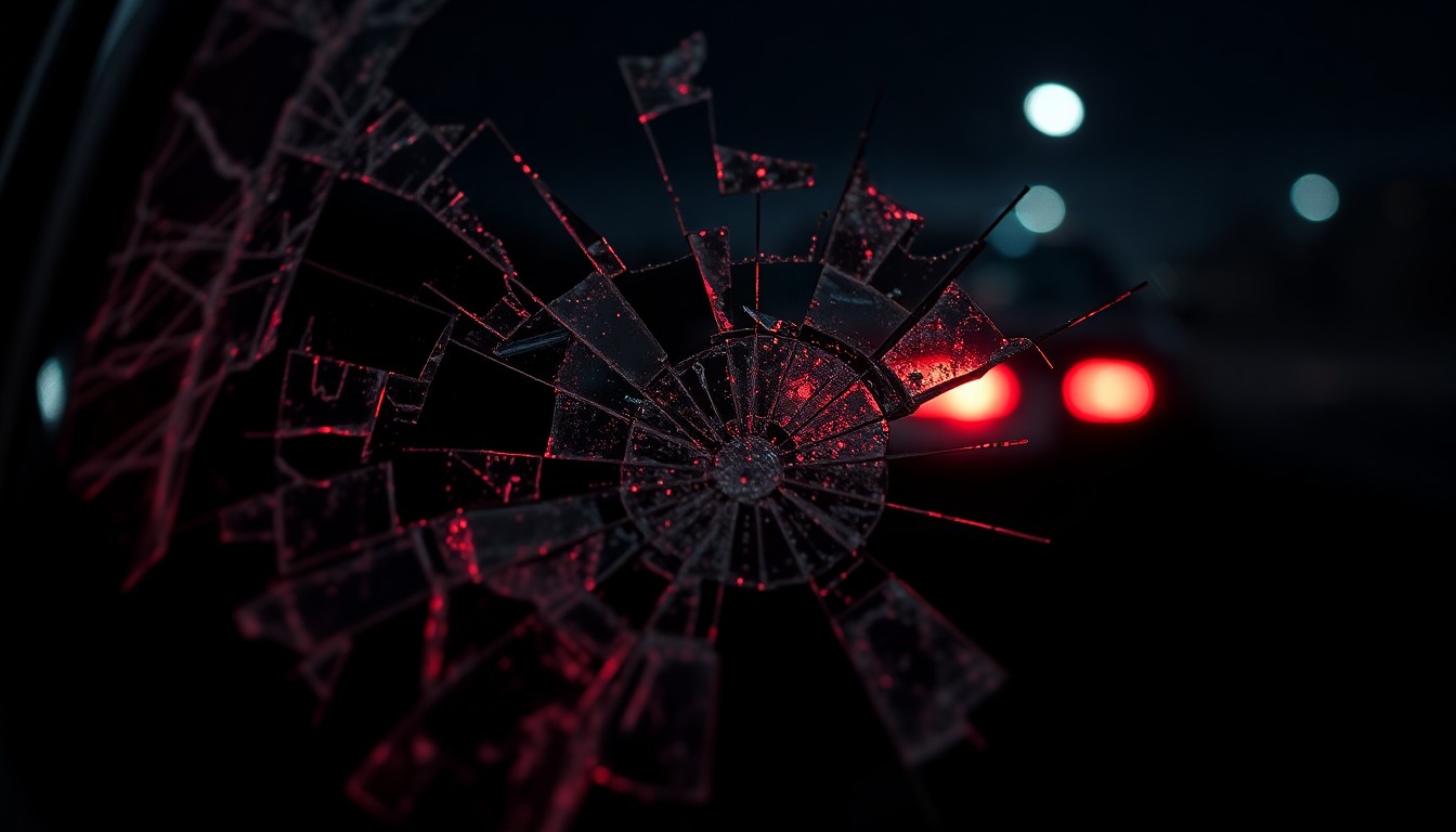 An extreme close-up of shattered car window glass reflecting a faint red glow, conceptually representing the aftermath of a drunk driving incident.