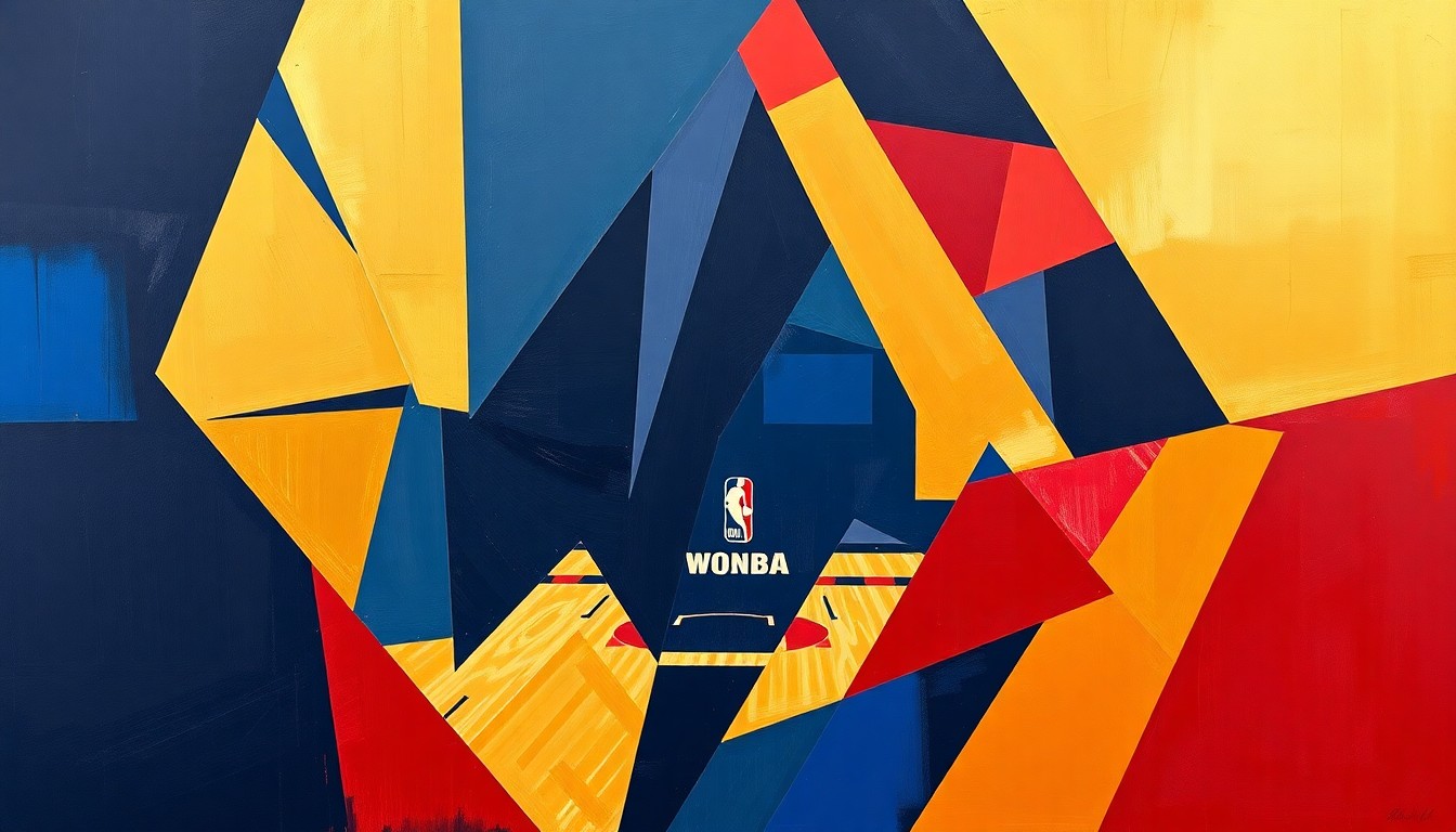 A fractured, multi-perspective painting in bold colors representing the dynamic action and competitive spirit of a WNBA basketball game.