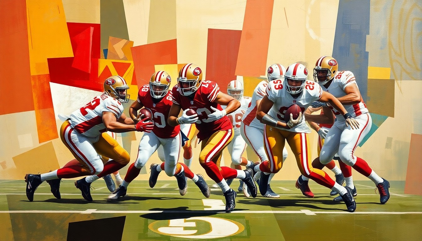 A fragmented, geometric painting depicting a 49ers running play, with the running back carrying the ball surrounded by abstract shapes representing the offensive line and defensive players, capturing the energy and movement of the game in a cubist style.