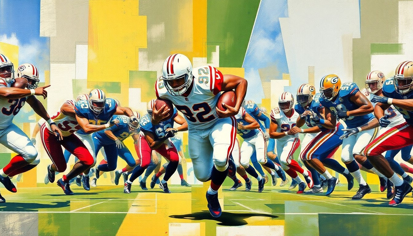 A fragmented, geometric painting depicting the dynamic motion of a running back powering through the line, with sharp planes of color and form creating a sense of raw athletic energy.
