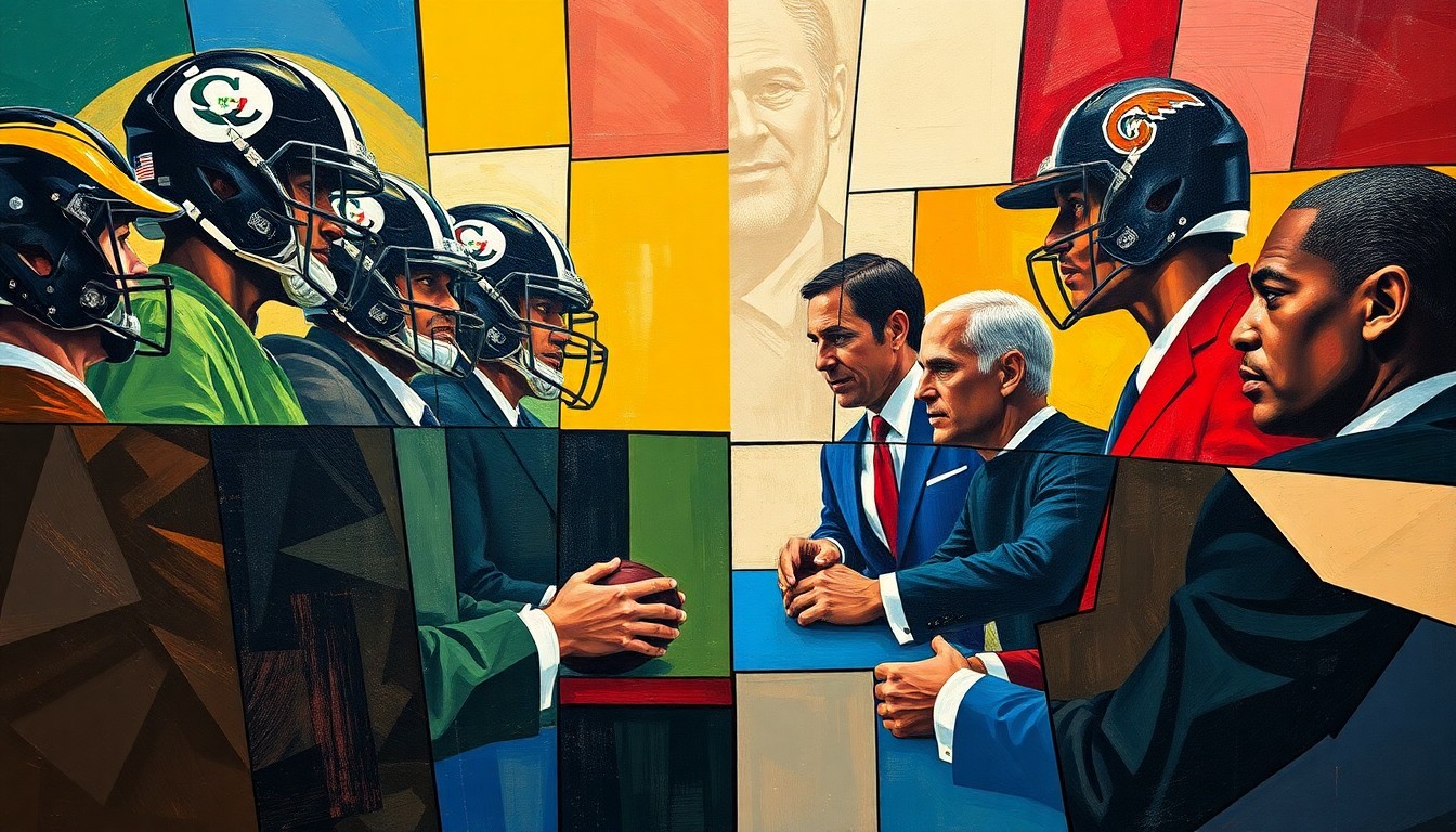 A cubist, geometric painting depicting an NFL draft day trade negotiation, with fragmented figures of players, coaches, and executives overlapping in sharp planes of color.