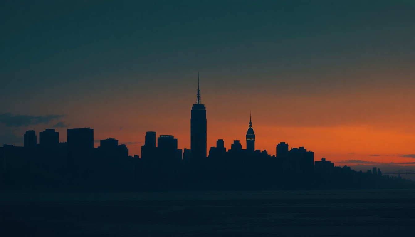 A serene, painterly depiction of the New York City skyline at dusk, with warm light and deep shadows creating a contemplative, nostalgic mood that reflects the fiscal and political challenges facing the city's new leadership.