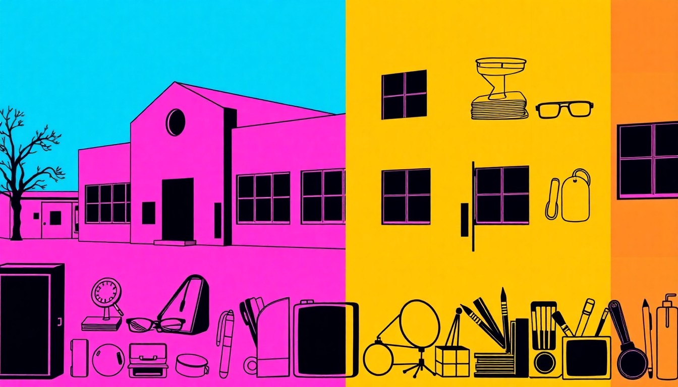 A bold, abstract silkscreen illustration featuring repeating images of school supplies and architectural elements in a vibrant neon color palette, conceptually representing the district's efforts to protect the integrity of its public education programs.