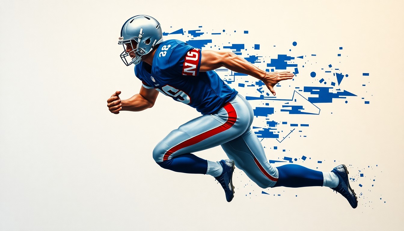 A fractured, multi-perspective painting depicting a football player in mid-stride, their body and uniform broken down into sharp, overlapping geometric planes in navy blue, silver, and white, capturing the complexity of contract negotiations in a cubist style.