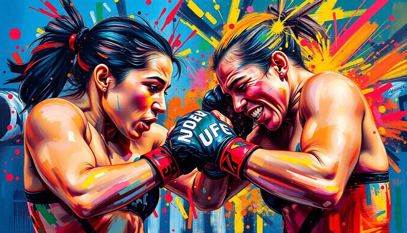 An abstract, expressionist painting in neon colors depicting the violent collision and explosive energy of a mixed martial arts fight, with faces and details dissolving into unrecognizable brushstrokes.