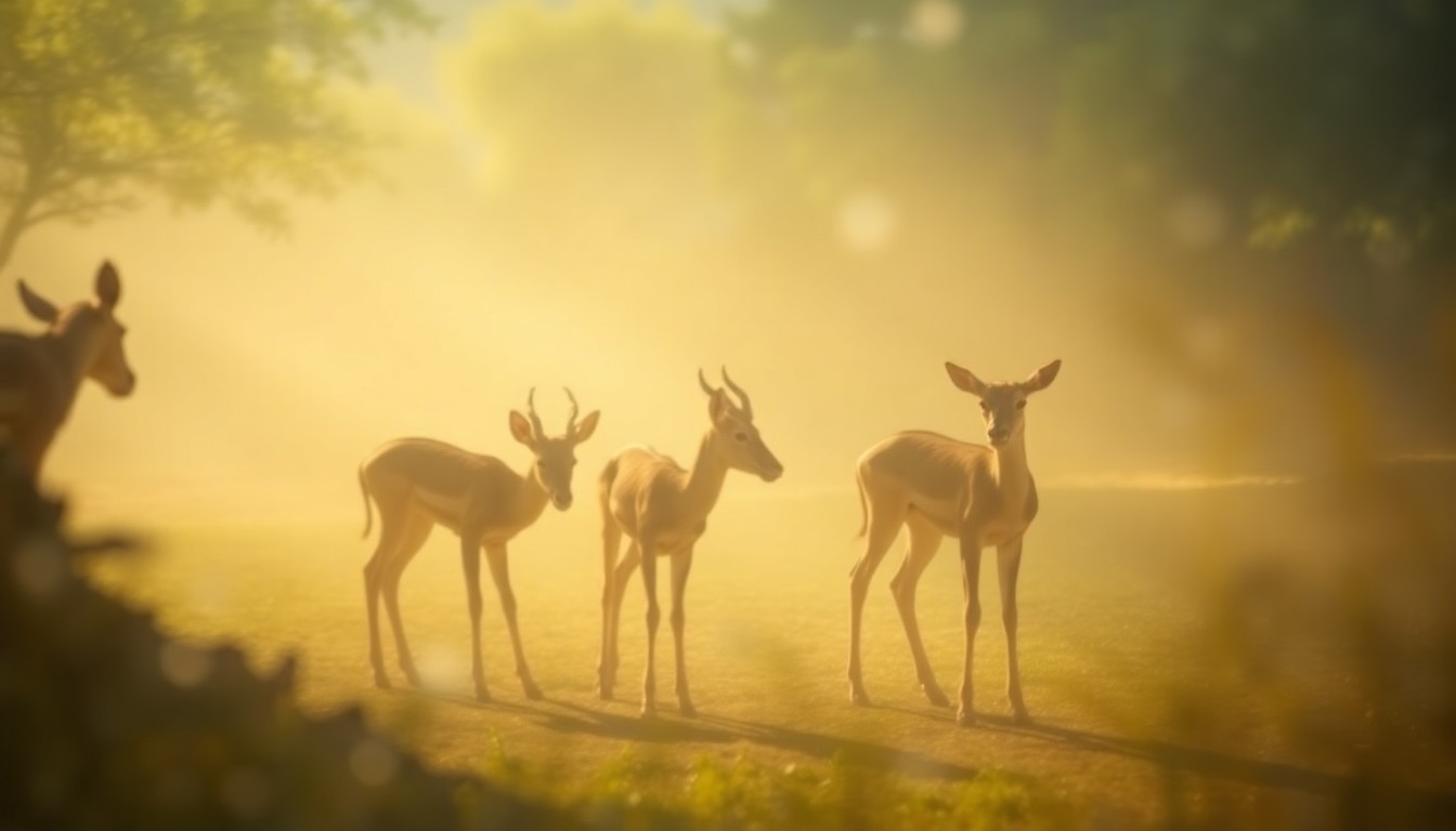 An impressionistic, out-of-focus photograph in warm, earthy tones depicting the silhouettes of young kudu calves moving through their lush, green habitat at the Saint Louis Zoo, conveying a sense of tranquility and wonder.