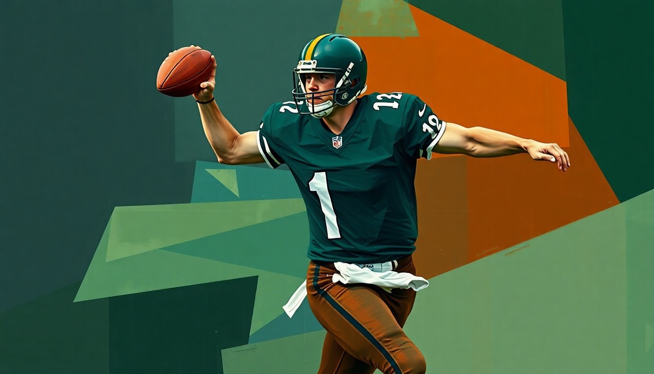 A fragmented, geometric painting depicting a football quarterback in motion, with sharp planes of navy, green, and orange hues, conceptually representing the recovery process of an injured player.