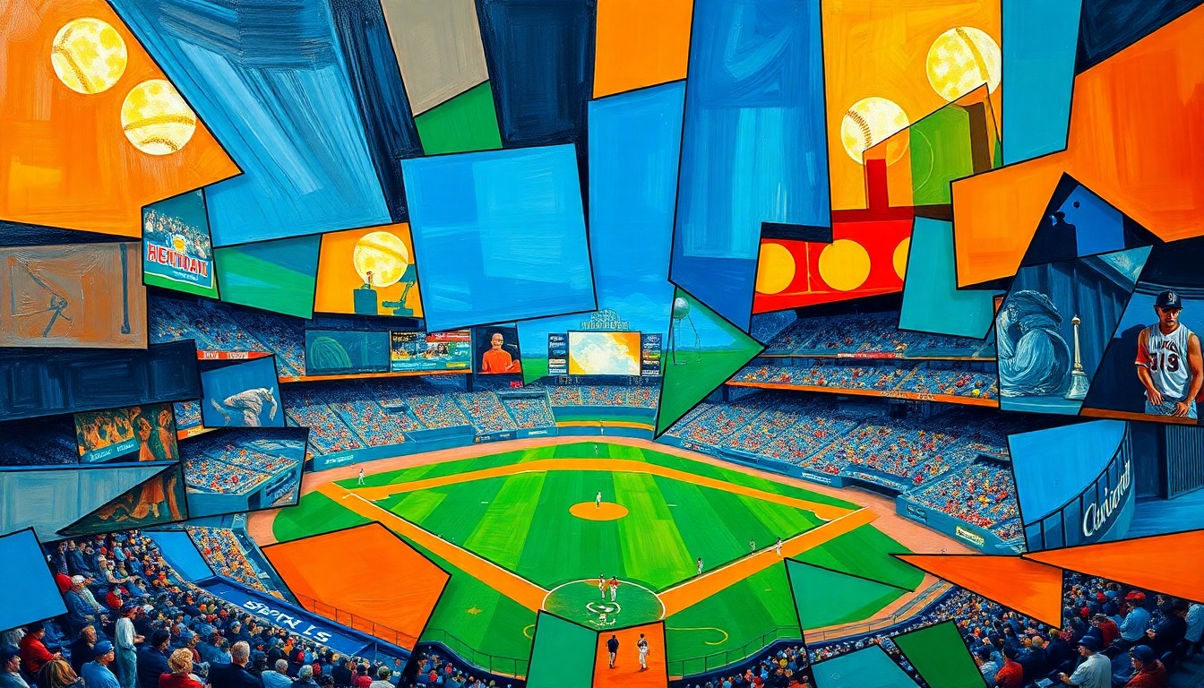 A fragmented, geometric painting depicting a baseball game or match, with sharp, overlapping shapes and planes in vibrant colors like deep blue, bright orange, and emerald green, capturing the raw energy and movement of the sport.