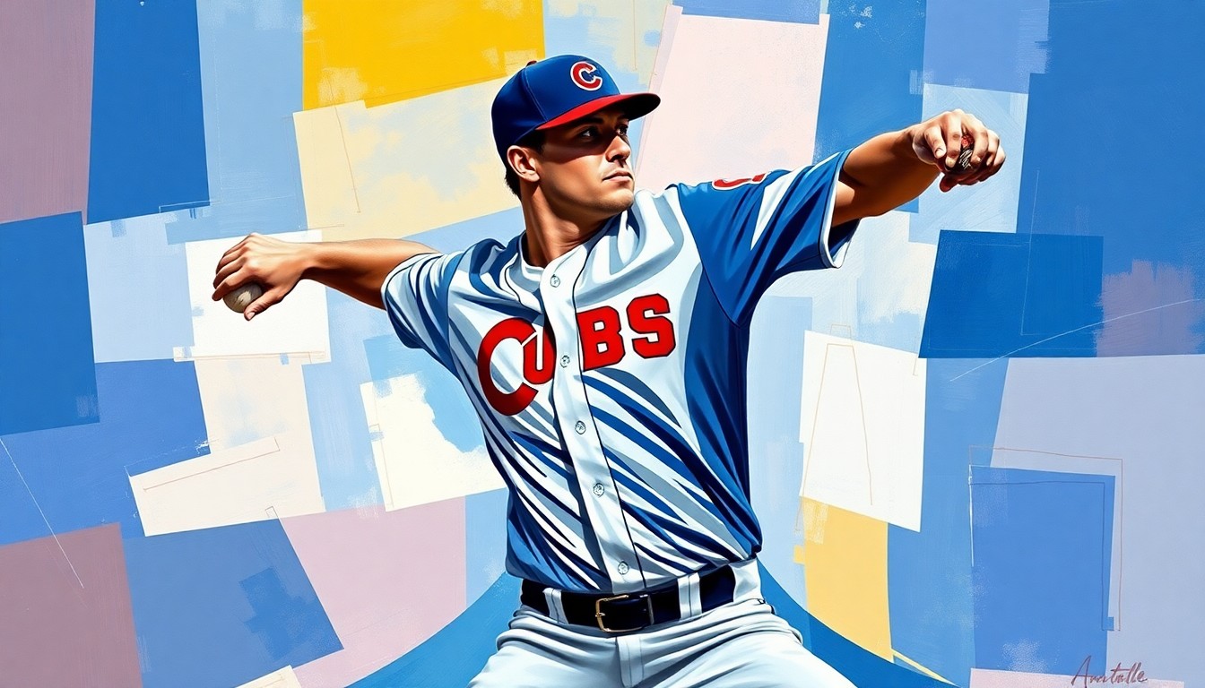 A cubist-style painting depicting a baseball pitcher's windup and delivery broken down into sharp, overlapping geometric shapes in the Cubs' team colors of navy blue, red, and white.
