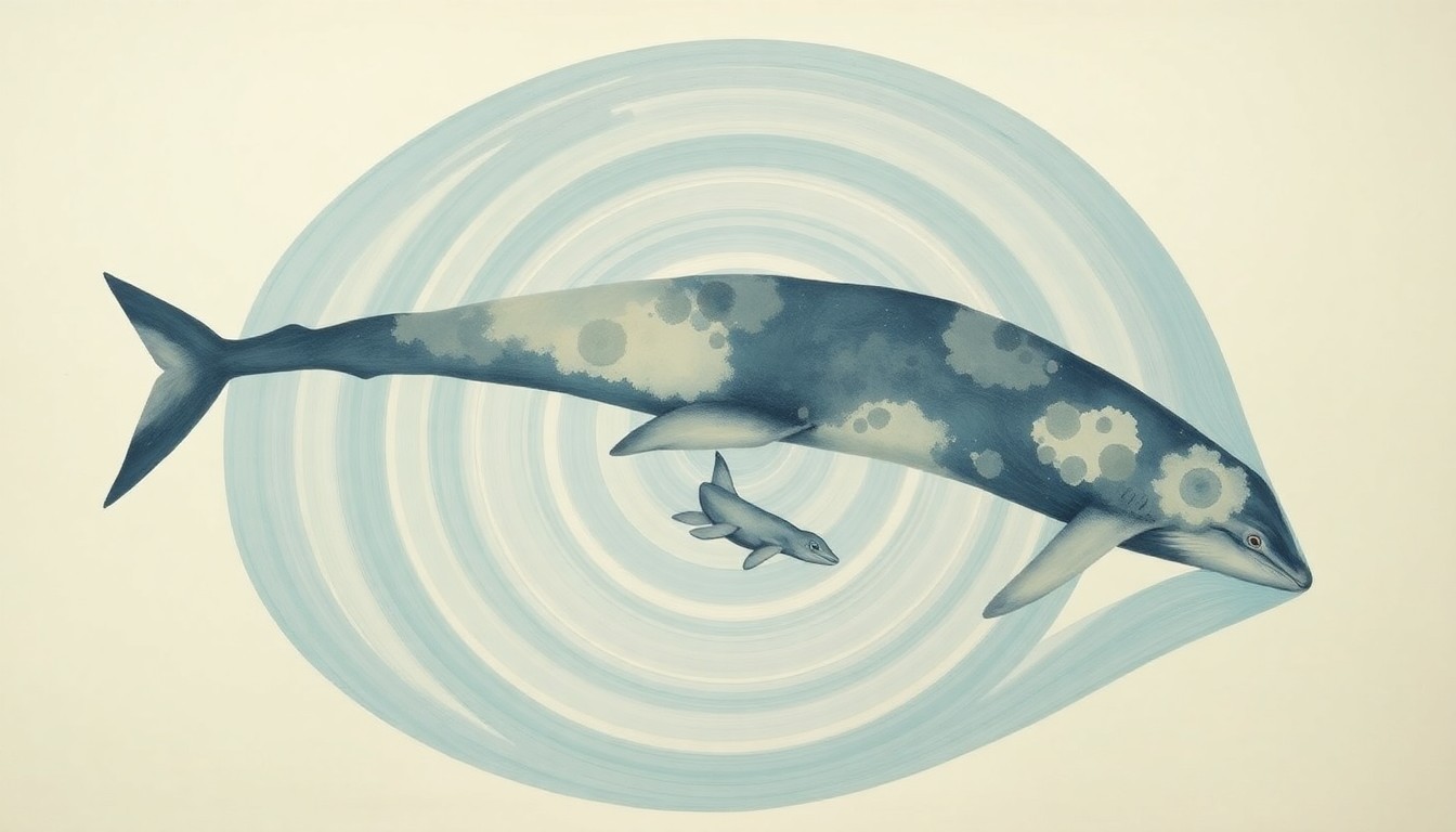 An abstract, highly textured painting in soft shades of blue, green, and gray, featuring sweeping geometric arcs and precise botanical spirals that conceptually represent the complex social dynamics and cooperative instincts of a pod of sperm whales protecting a vulnerable newborn calf.