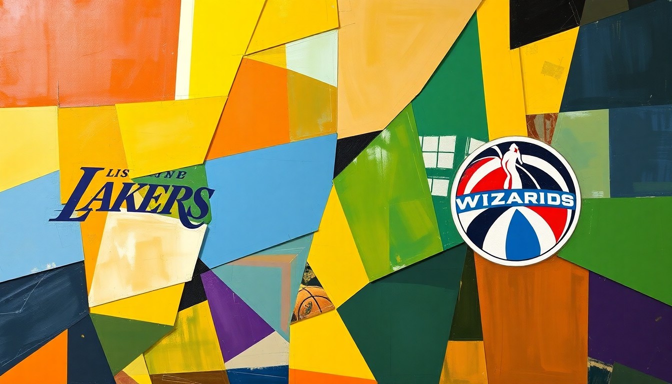 A fragmented, geometric painting in shades of purple, gold, red, and blue, depicting the abstract movements and energy of a basketball game.