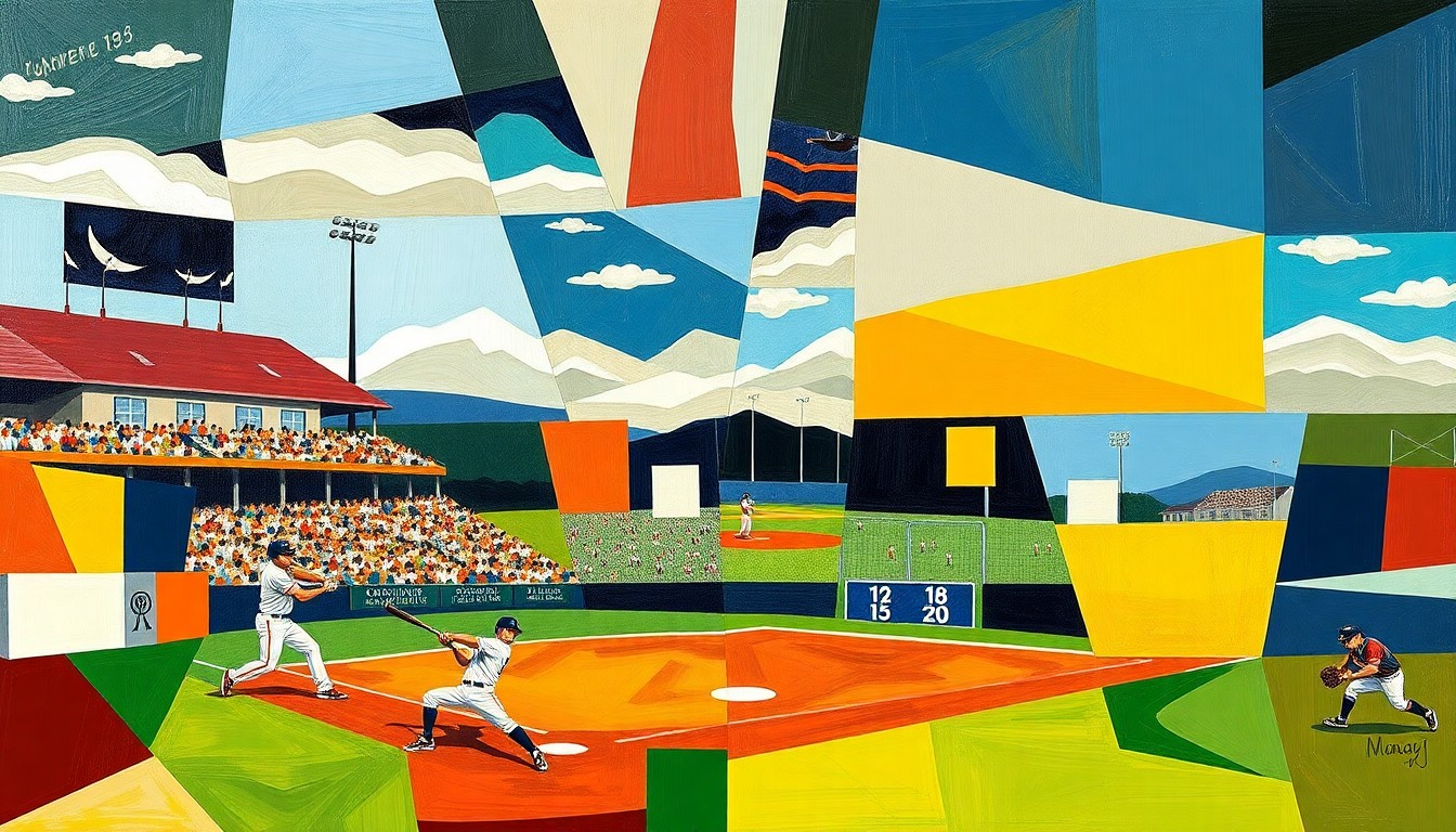 A fractured, geometric painting depicting the dynamic movements and energy of a high school baseball game, with sharp planes of color representing the players and field.