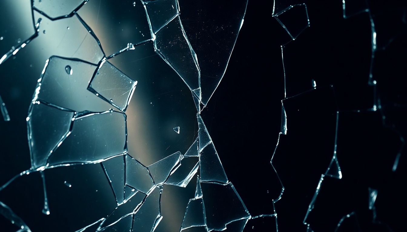 An abstract, high-contrast close-up photograph of shattered glass, capturing the sense of fragility and uncertainty surrounding Savannah Guthrie's personal situation.