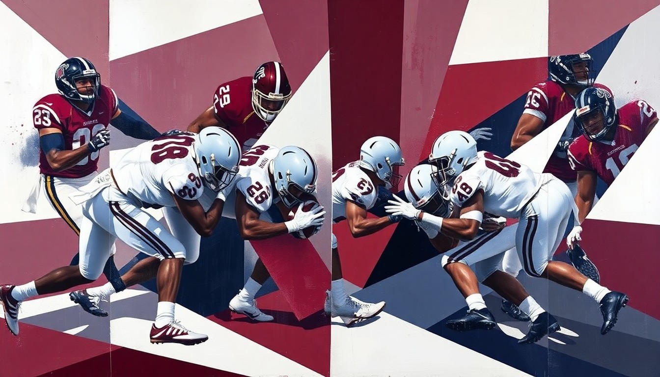 A cubist, geometric painting depicting a Texas A&M football defensive play, with sharp, overlapping planes of maroon, white, and navy blue representing the players and action on the field.