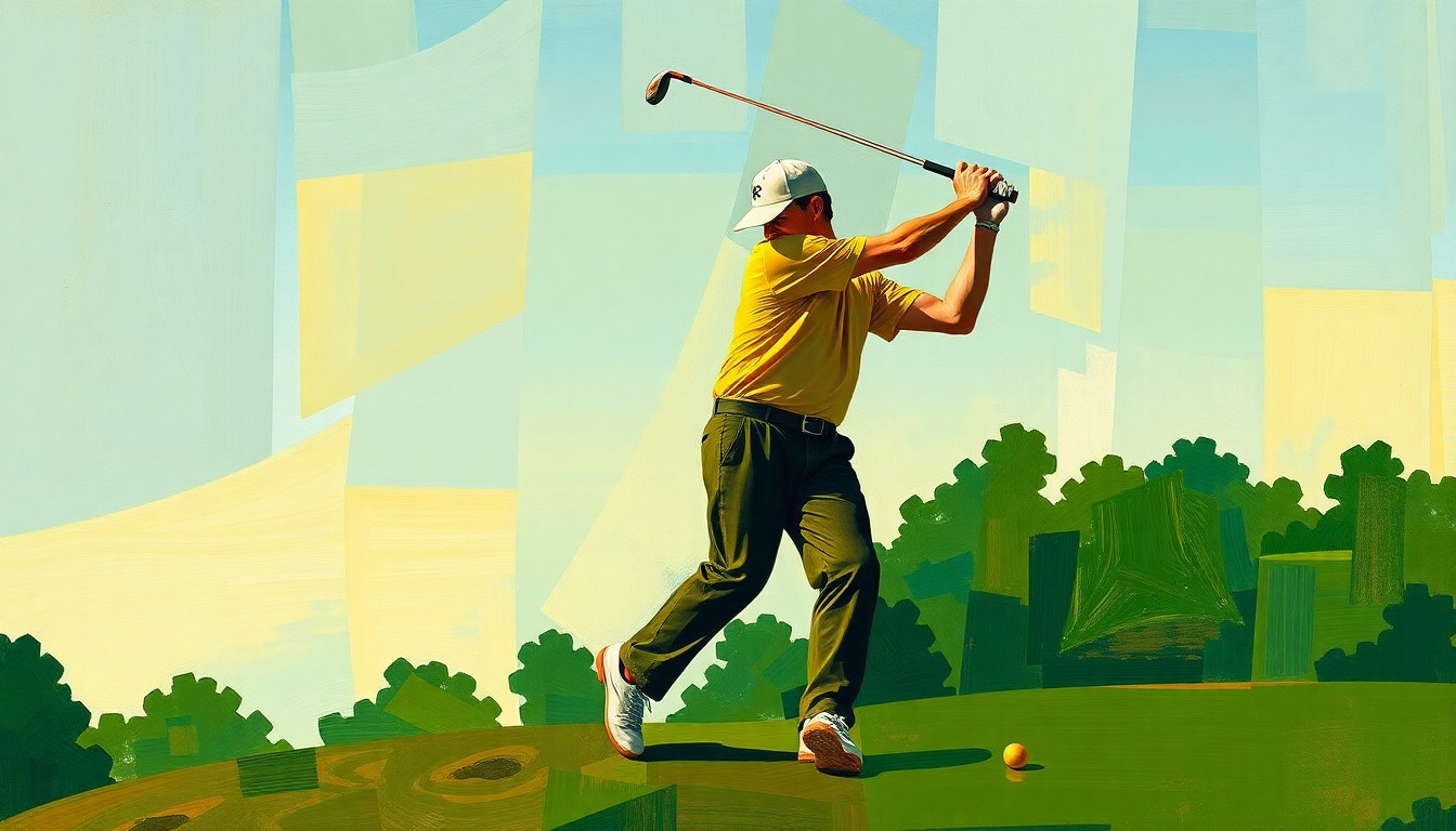 A fragmented, geometric painting depicting the motion of a golfer's swing broken down into sharp, overlapping planes of color, conceptually representing the athletic prowess and technical mastery of the sport.