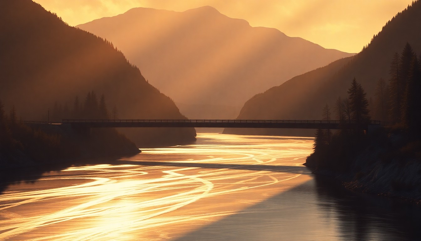 A serene, cinematic painting of a lone bridge spanning a winding river in a remote Alaskan landscape, with warm sunlight casting deep shadows across the scene.